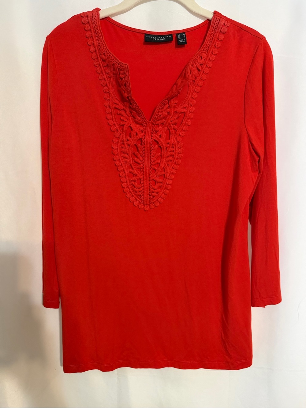 Susan Graver Weekend Red Cool Touch Knit Top Crochet Trim - 3/4 Sleeve - Small